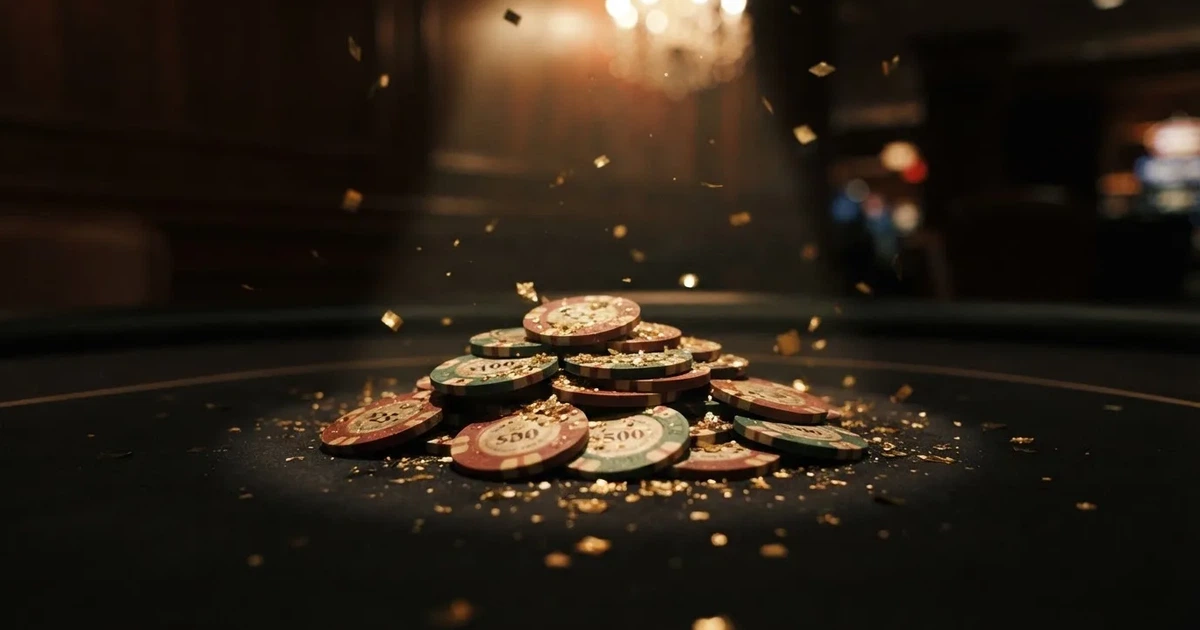 Guldkonfetti faller över spelmarker på ett svart bord, en ljuskägla träffar högens topp — casinon med gratis spins i sverige