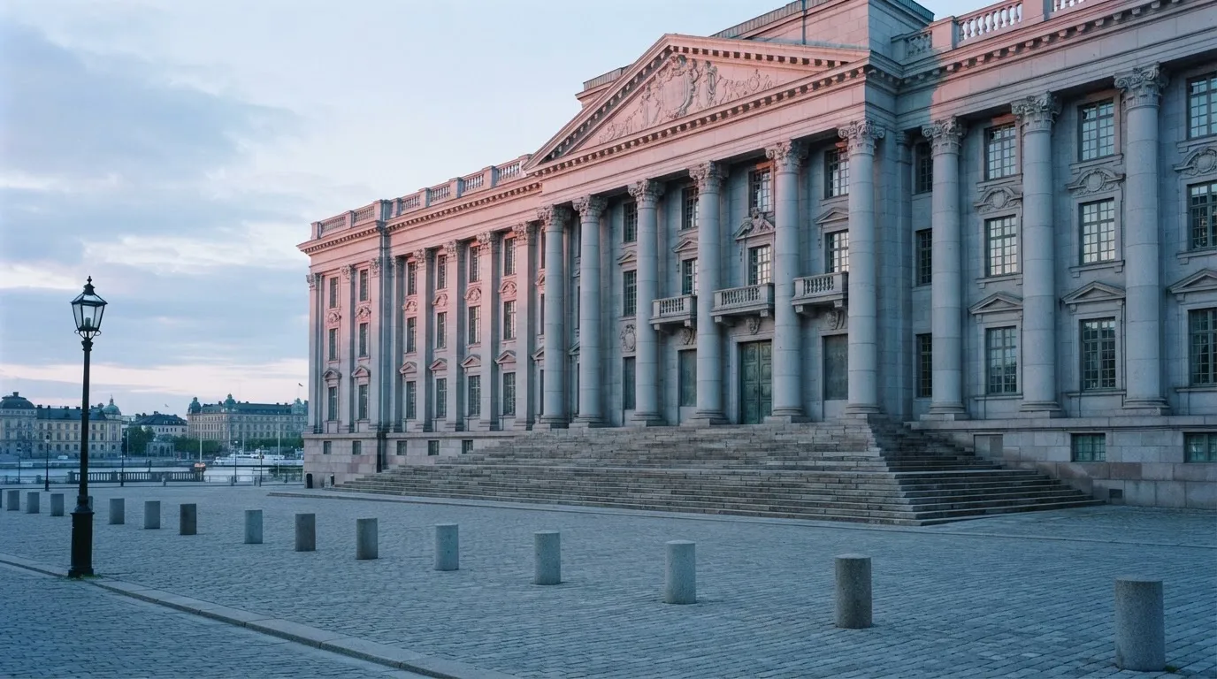Stenfasad på en statlig byggnad i Stockholm vid gryning, höga pelare och ett tomt torg framför — casinon med gratissnurr