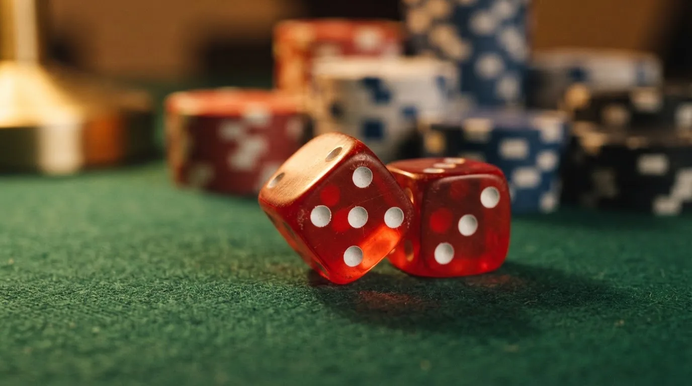 Röda tärningar vilar på grönt filt, bakom dem suddiga torn av spelmarker i kvällsdunklet — casinon med jackpot i sverige