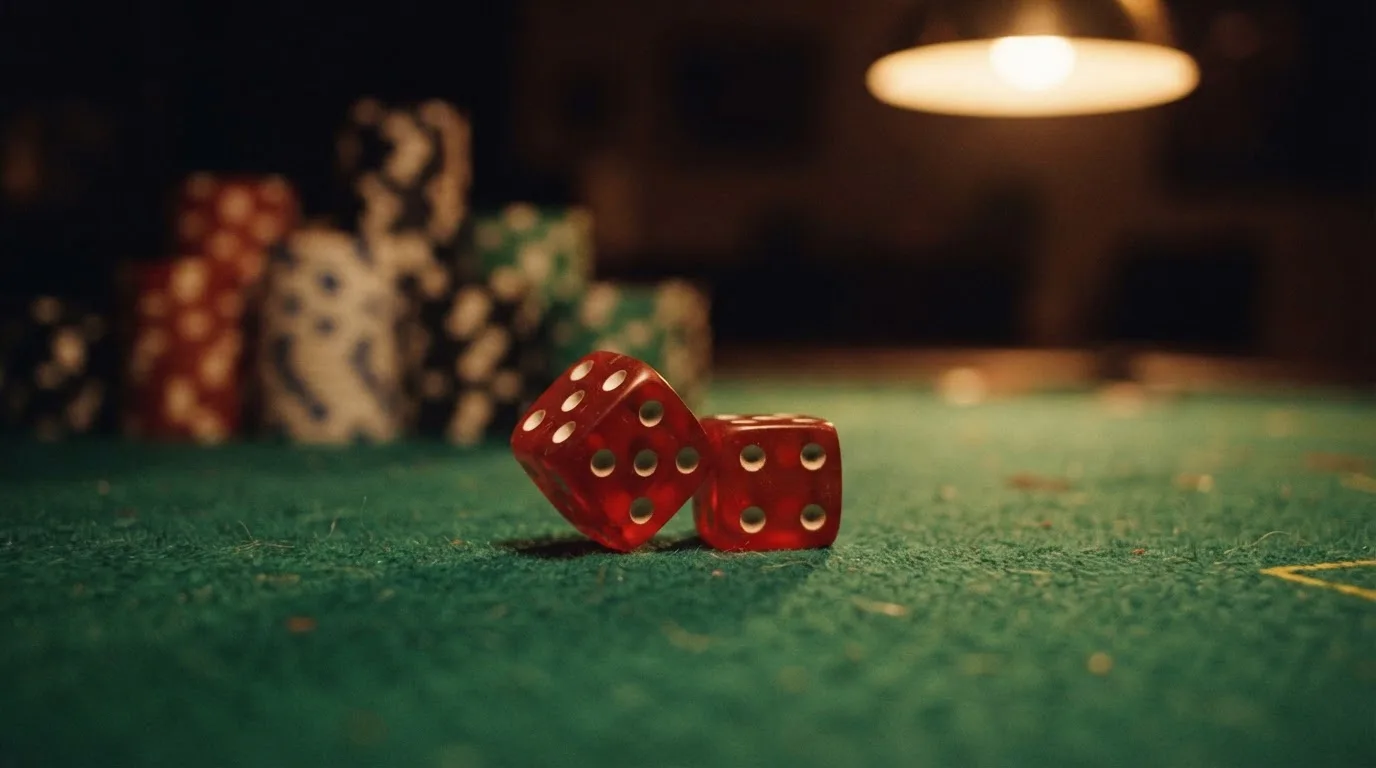 Röda tärningar vilar på grönt filt, bakom dem suddiga torn av spelmarker i kvällsdunklet — casinon med låg insättning