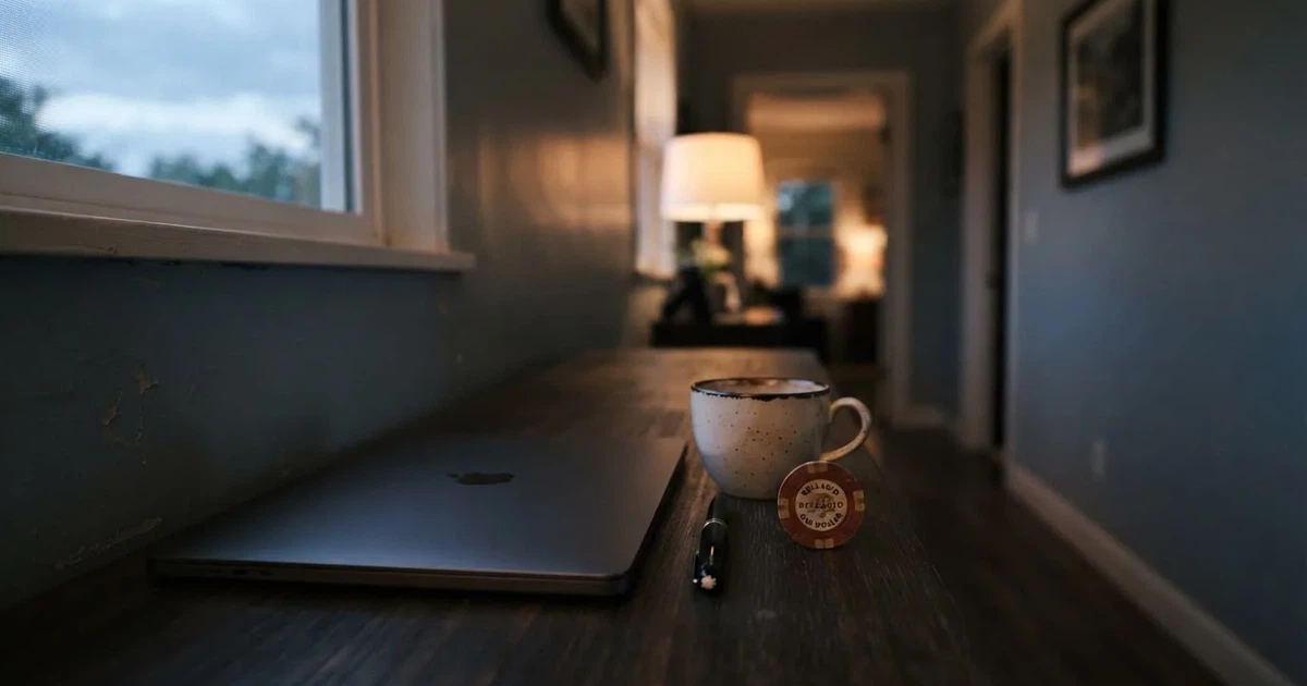 Kaffekopp och penna på ett smalt hallbord i skymning, en stängd bärbar dator vid sidan — casinon med låg insättning