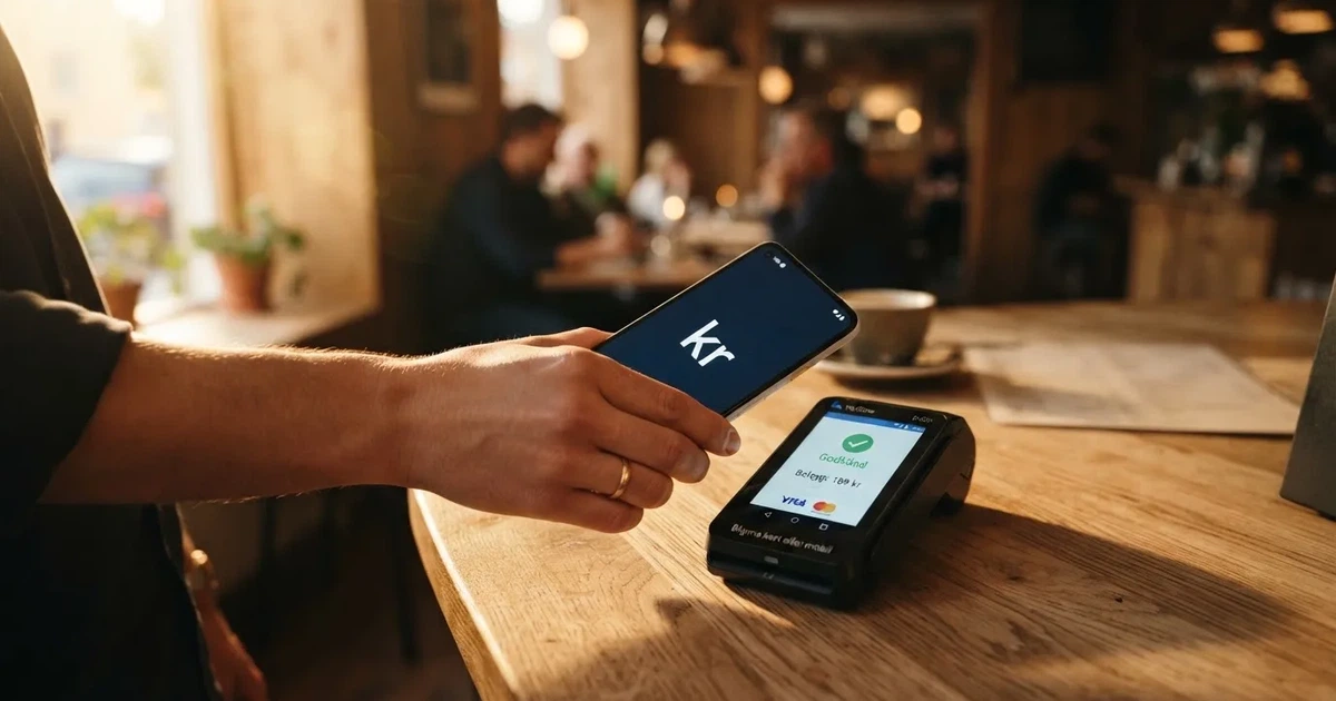En hand håller ett betalkort nära en kortterminal för en kontaktlös betalning, fotograferat i närbild med varm belysning.