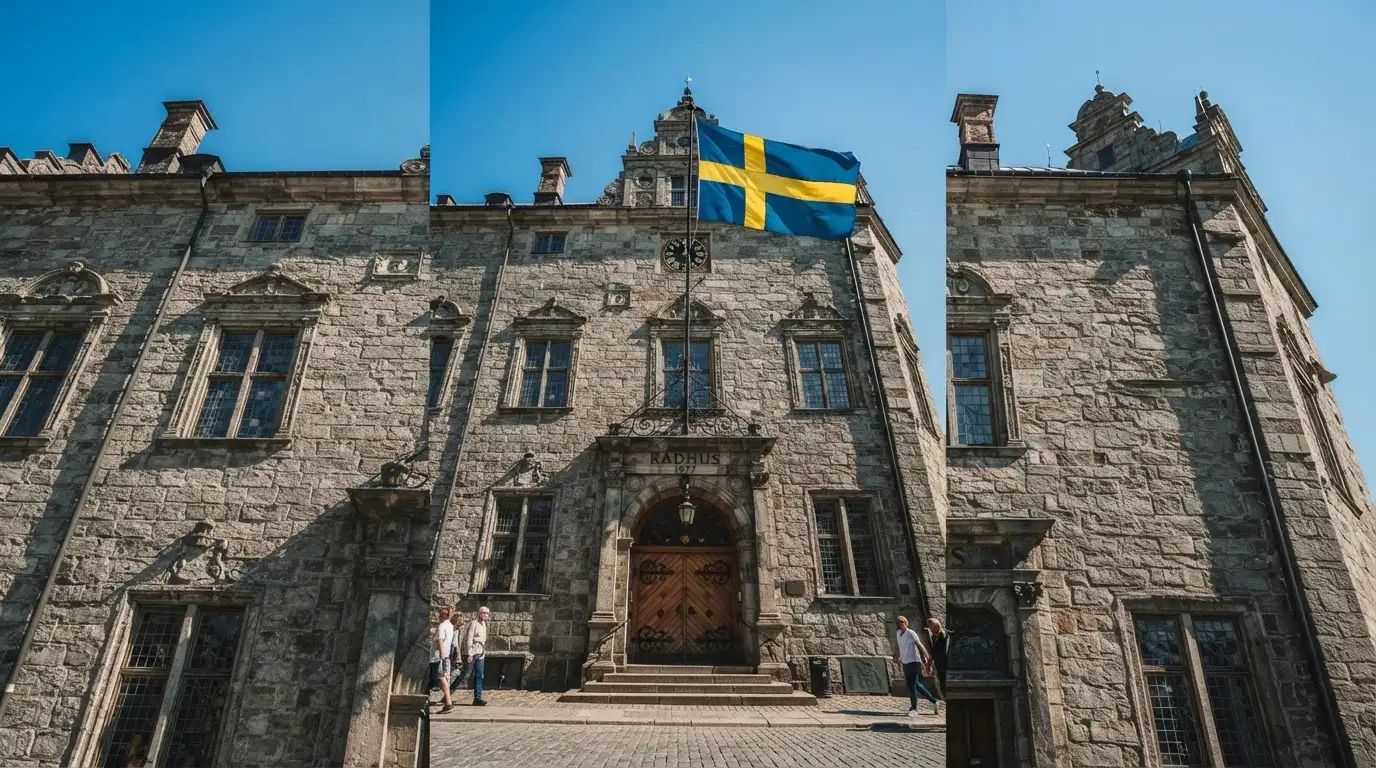 Ett gammalt stadshus i sten fotograferat underifrån mot en klarblå himmel, med den svenska flaggan som fladdrar ovanför entrén.