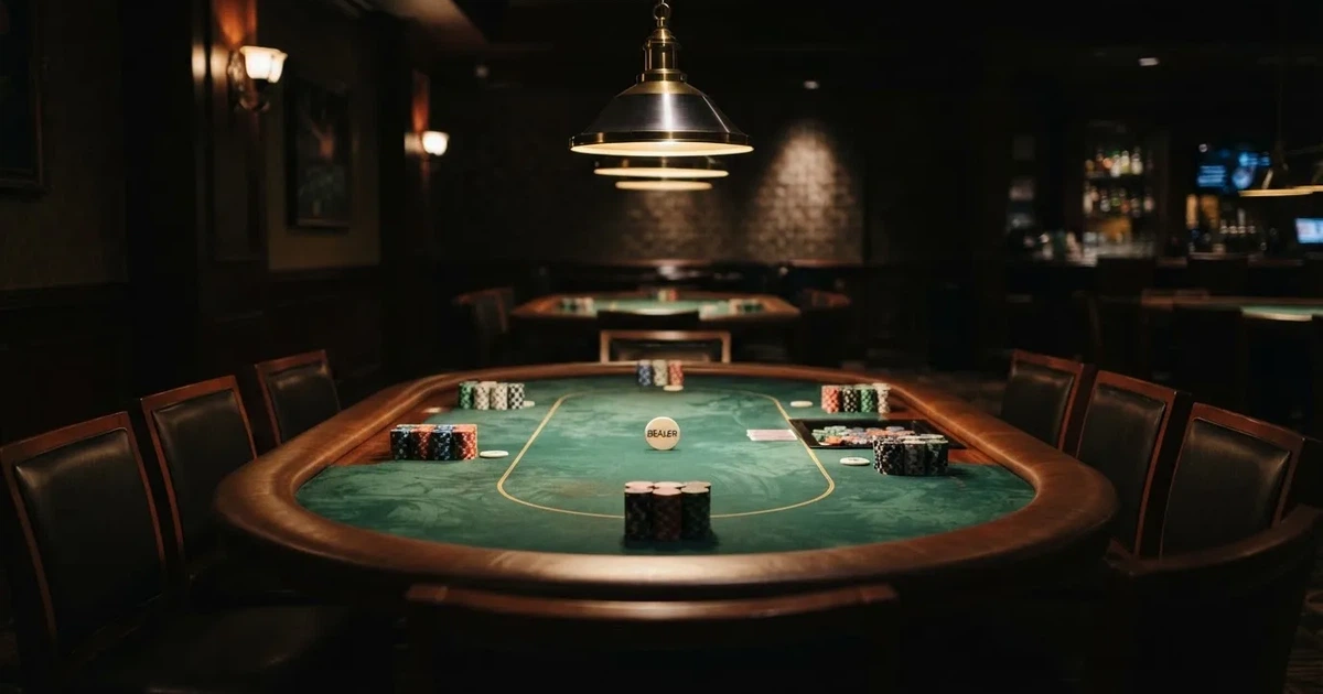 Ett ovalt pokerbord under en lågt hängande lampa, med spelmarker och en vit bricka i ljuset — casinon med roulette i sverige