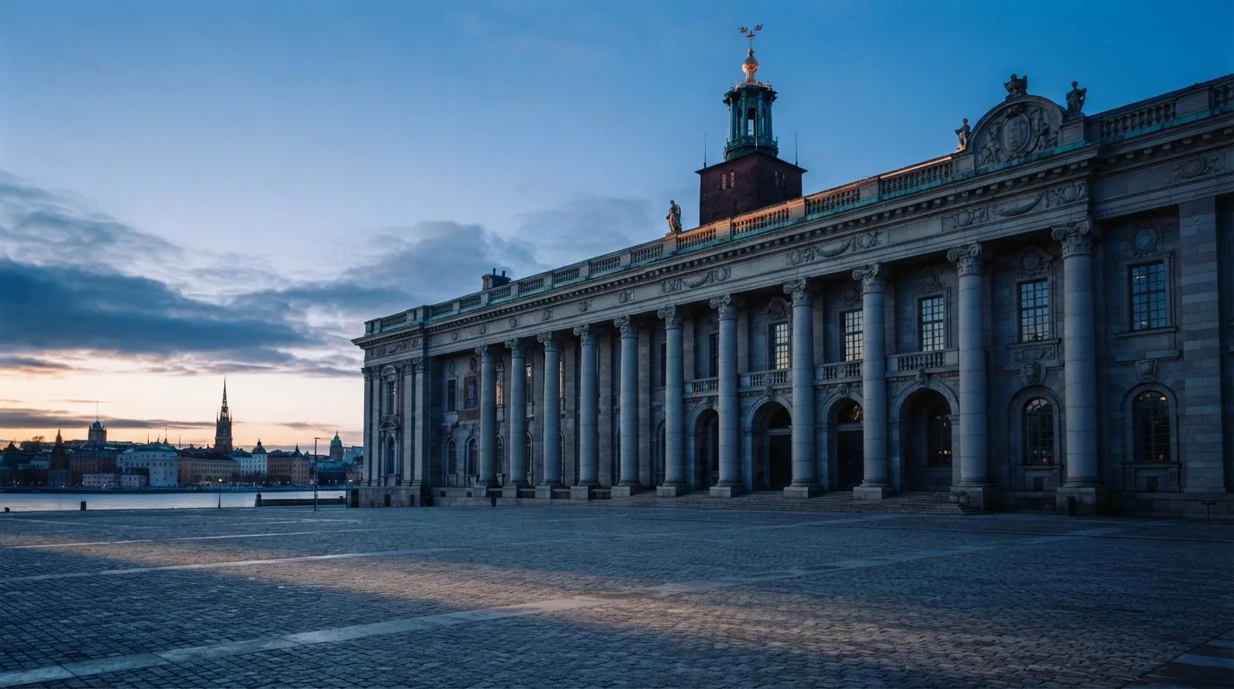Stenfasad på en statlig byggnad i Stockholm vid gryning, höga pelare och ett tomt torg framför — casinon med roulette i sverige