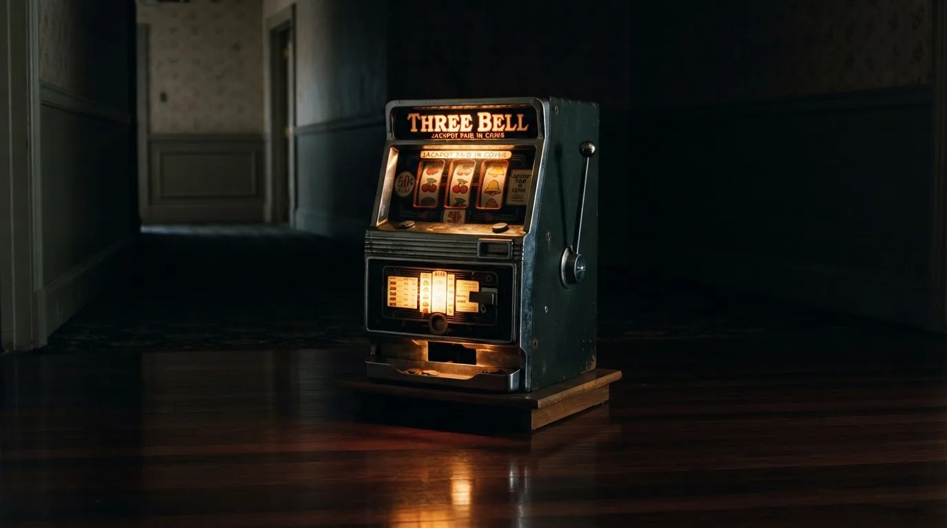 En gammal spelautomat lyser i den dunkla hallen och speglar sig i golvet — casinon med slots i sverige