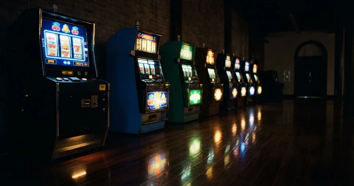 En rad spelskåp i en dunkel hall, rullarna lyser i olika färger och golvet speglar dem — casinon med slots i sverige