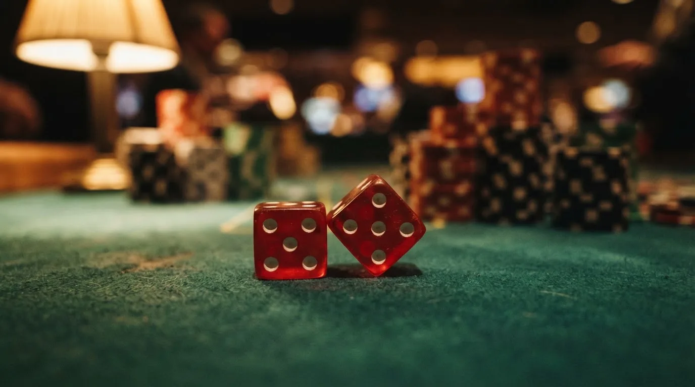 Röda tärningar vilar på grönt filt, bakom dem suddiga torn av spelmarker i kvällsdunklet — casinon med spelautomater i sverige