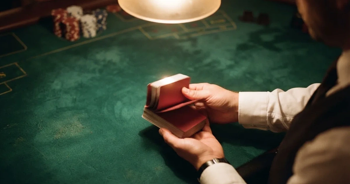 Croupierens händer blandar kort på grönt filt, taklampan speglas i den blanka kortbunten — casinon med spelautomater i sverige