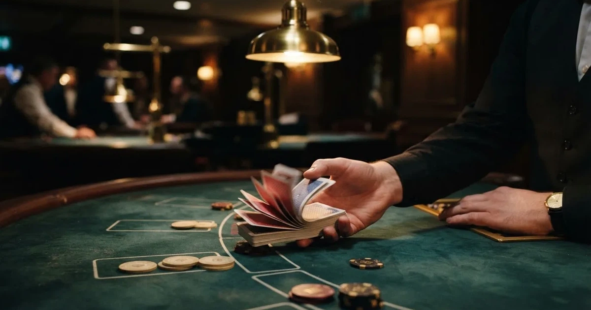Croupierens händer blandar kort på grönt filt, taklampan speglas i den blanka kortbunten — casinon med störst vinstchans