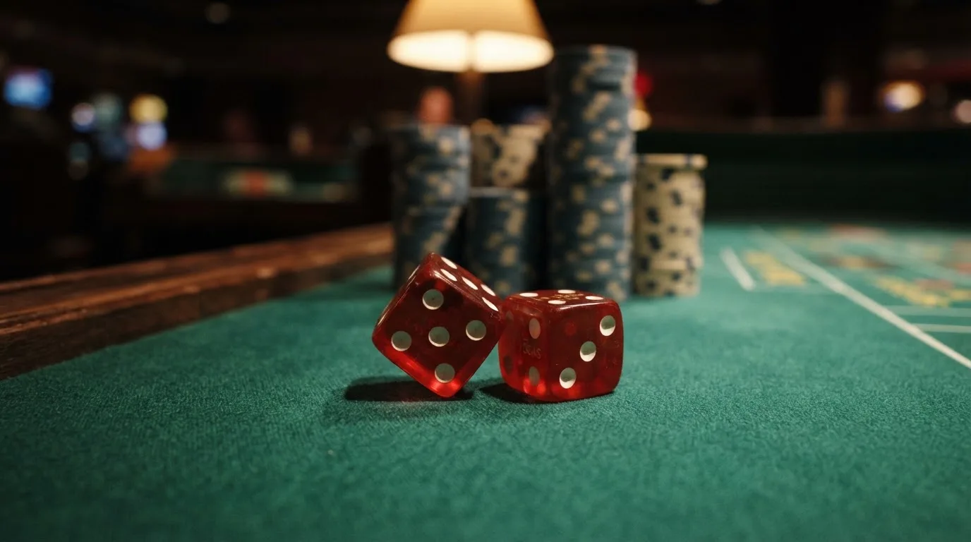 Röda tärningar vilar på grönt filt, bakom dem suddiga torn av spelmarker i kvällsdunklet — casinon med uttag i sverige