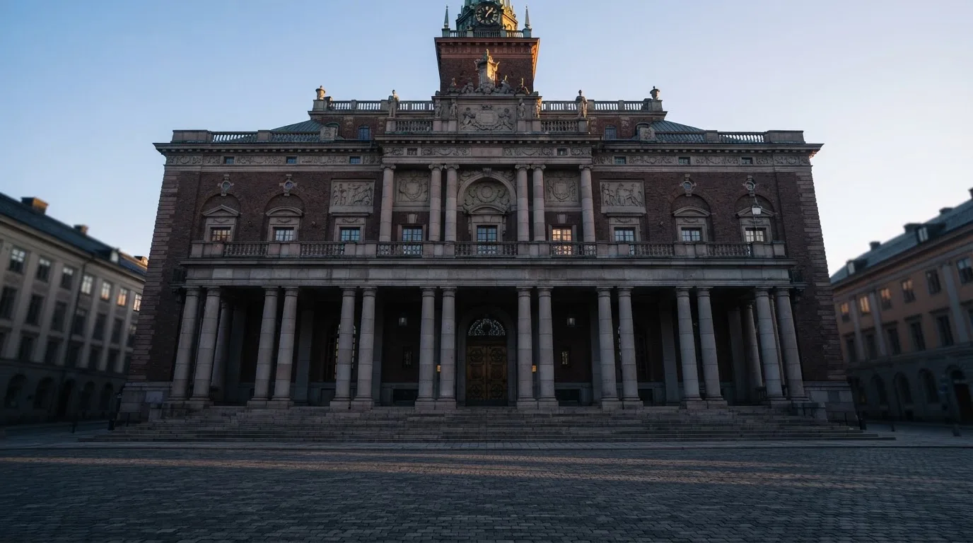 Stenfasad på en statlig byggnad i Stockholm vid gryning, höga pelare och ett tomt torg framför — casinon med uttag i sverige