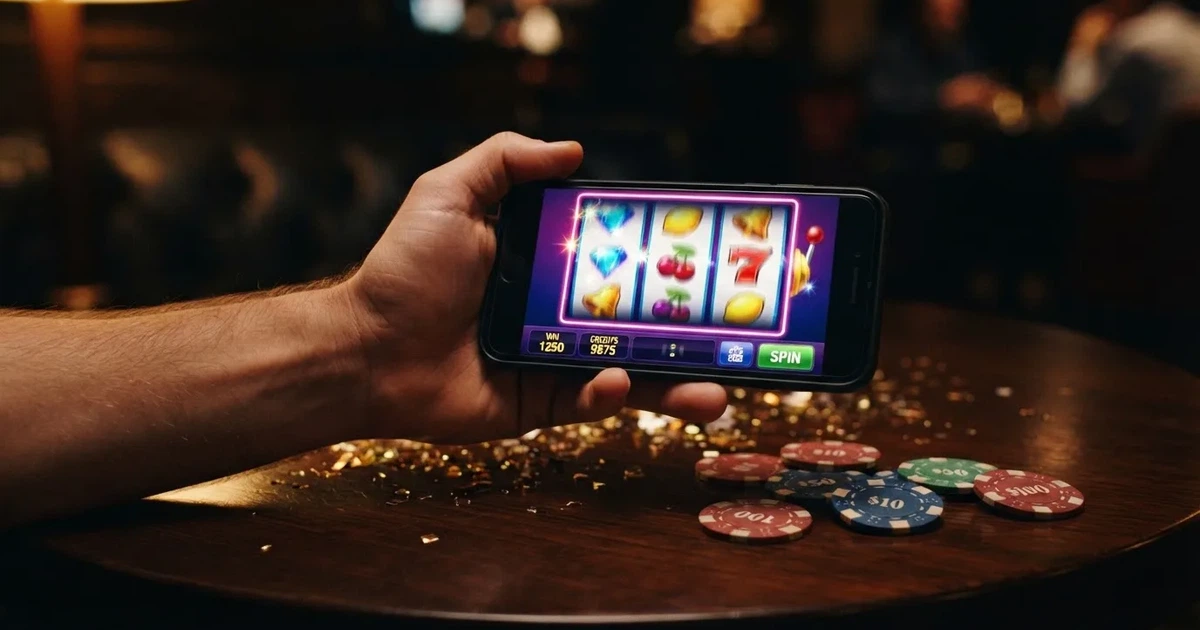 En hand håller upp en smartphone med skärmen vänd nedåt bredvid glittrande konfetti och guldmynt på ett mörkt bord.