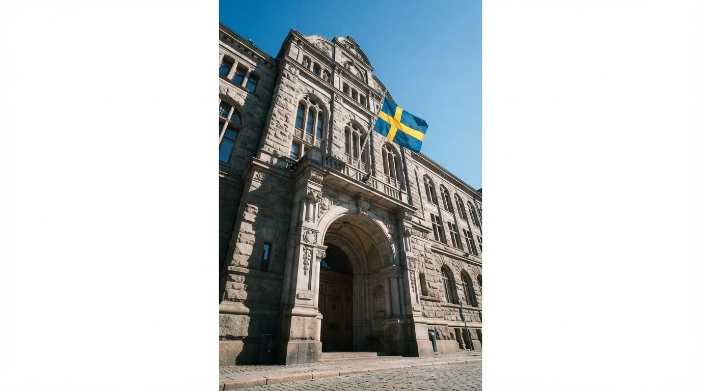 Ett gammalt stadshus i sten fotograferat underifrån mot en klarblå himmel, med den svenska flaggan som fladdrar ovanför entrén.