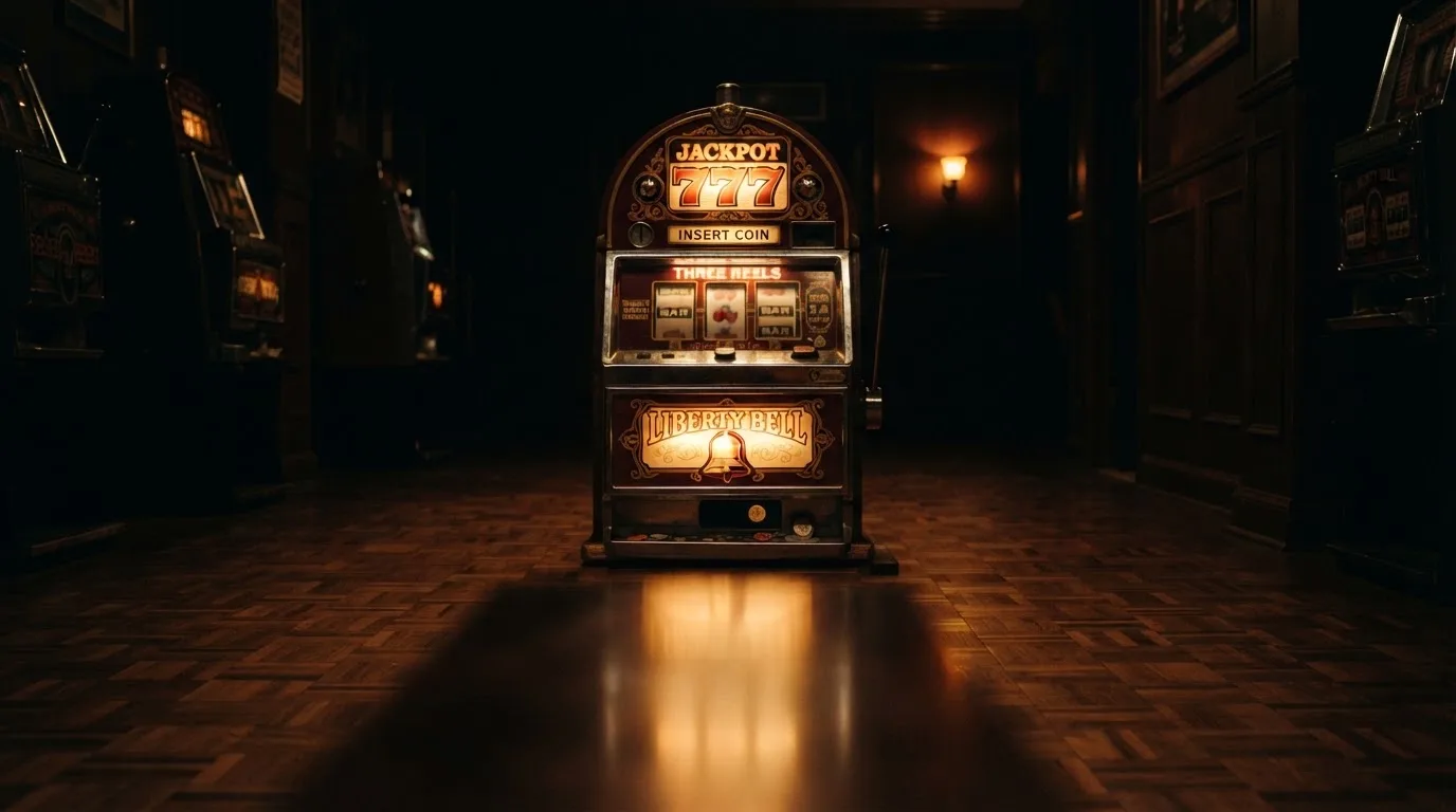 En gammal spelautomat lyser i den dunkla hallen och speglar sig i golvet — casinon med välkomsterbjudande