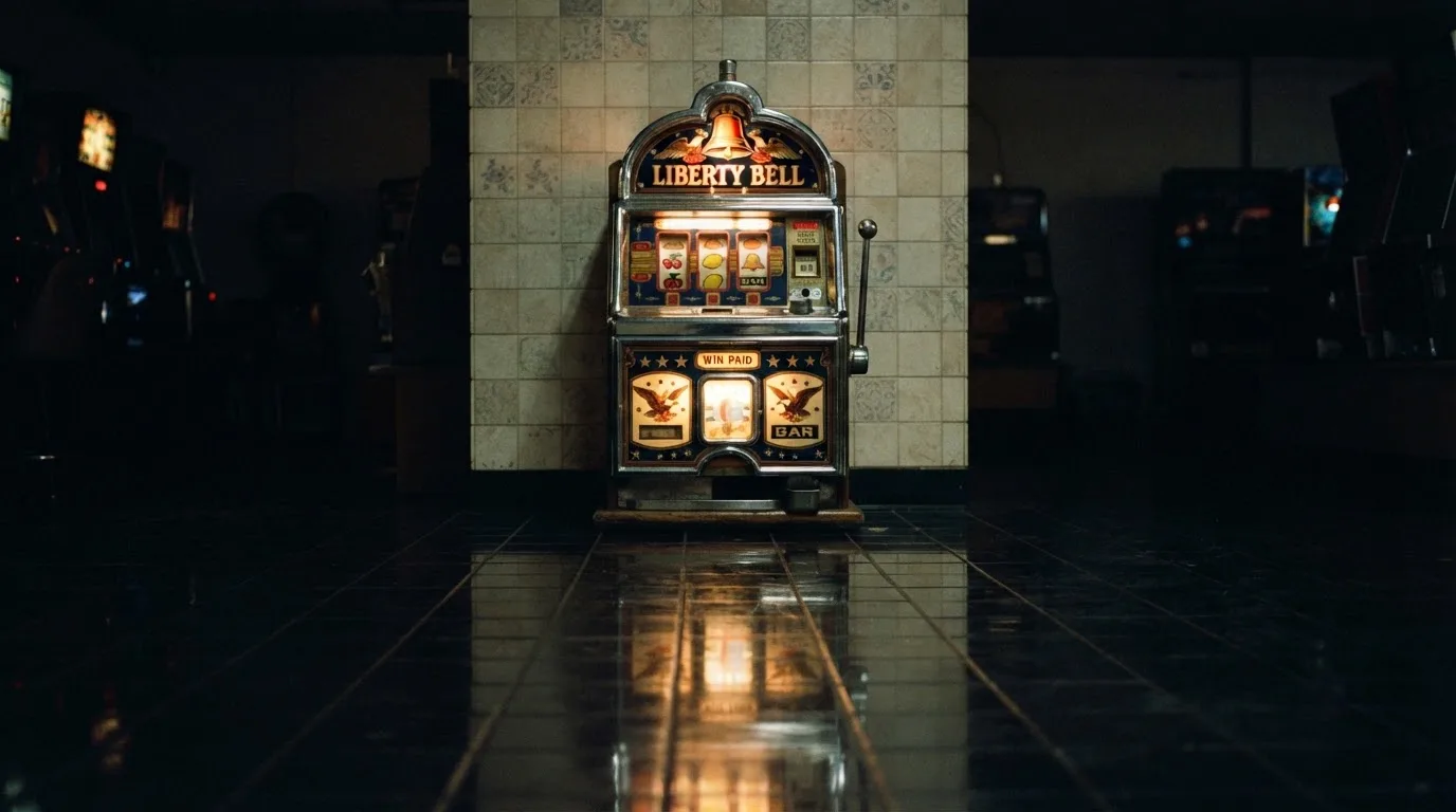 En gammal spelautomat lyser i den dunkla hallen och speglar sig i golvet — casinon utan bankid i sverige
