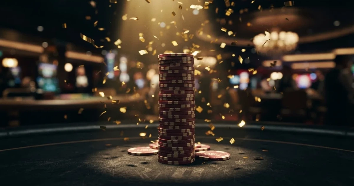 Guldkonfetti faller över spelmarker på ett svart bord, en ljuskägla träffar högens topp — casinon utan insättning i sverige