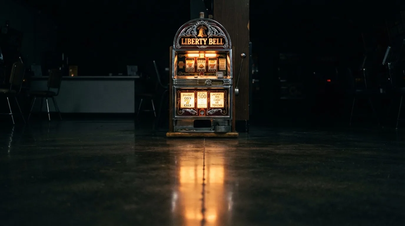 En gammal spelautomat lyser i den dunkla hallen och speglar sig i golvet — casinon utan omsättningskrav
