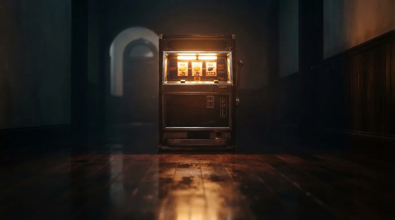 En gammal spelautomat lyser i den dunkla hallen och speglar sig i golvet — casinon utan spelgräns i sverige