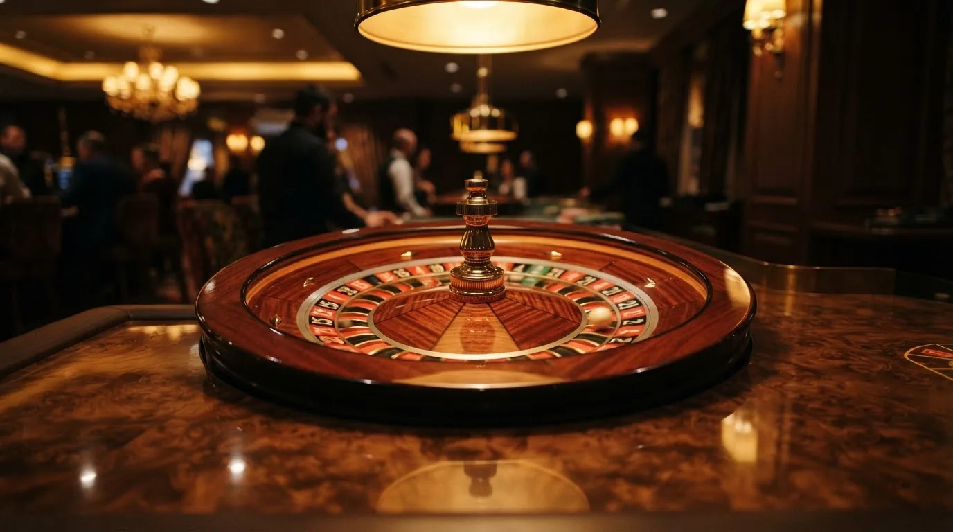 Ett roulettehjul snurrar på ett blankt träbord, den vita kulan glimmar i takljusets guld — casinon utomlands för svenskar