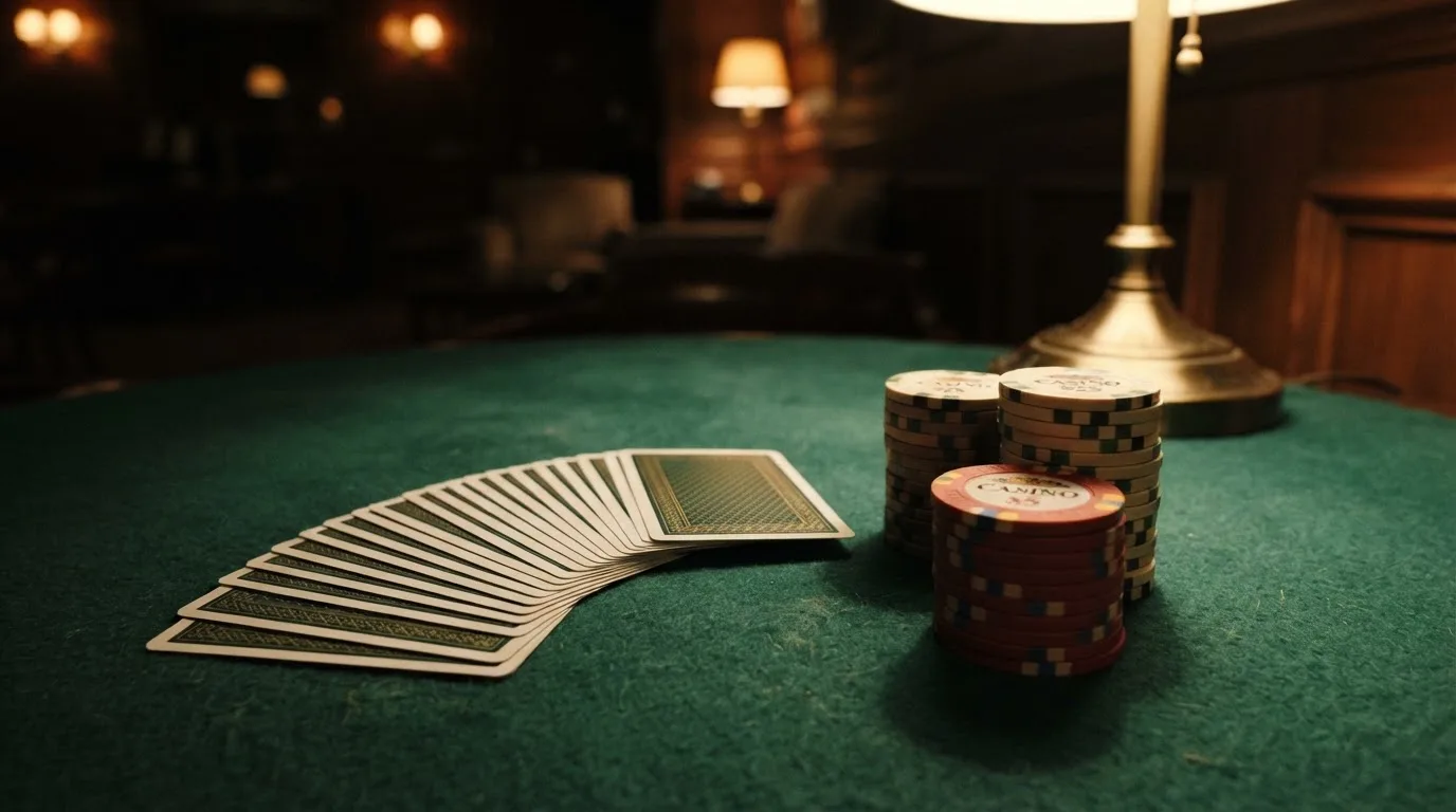 Kortlek och staplar av spelmarker på ett grönt filtbord i en dunkel salong, varmt lampsken — casinostugan för svenskar