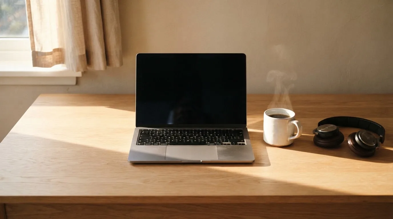 En bärbar dator med nedsläckt skärm står öppen på ett skrivbord tillsammans med en kopp kaffe och ett par hörlurar i morgonljus.