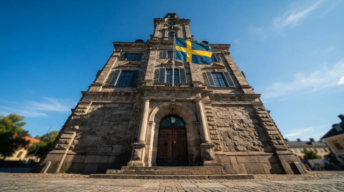 Ett gammalt stadshus i sten fotograferat underifrån mot en klarblå himmel, med den svenska flaggan som fladdrar ovanför entrén.
