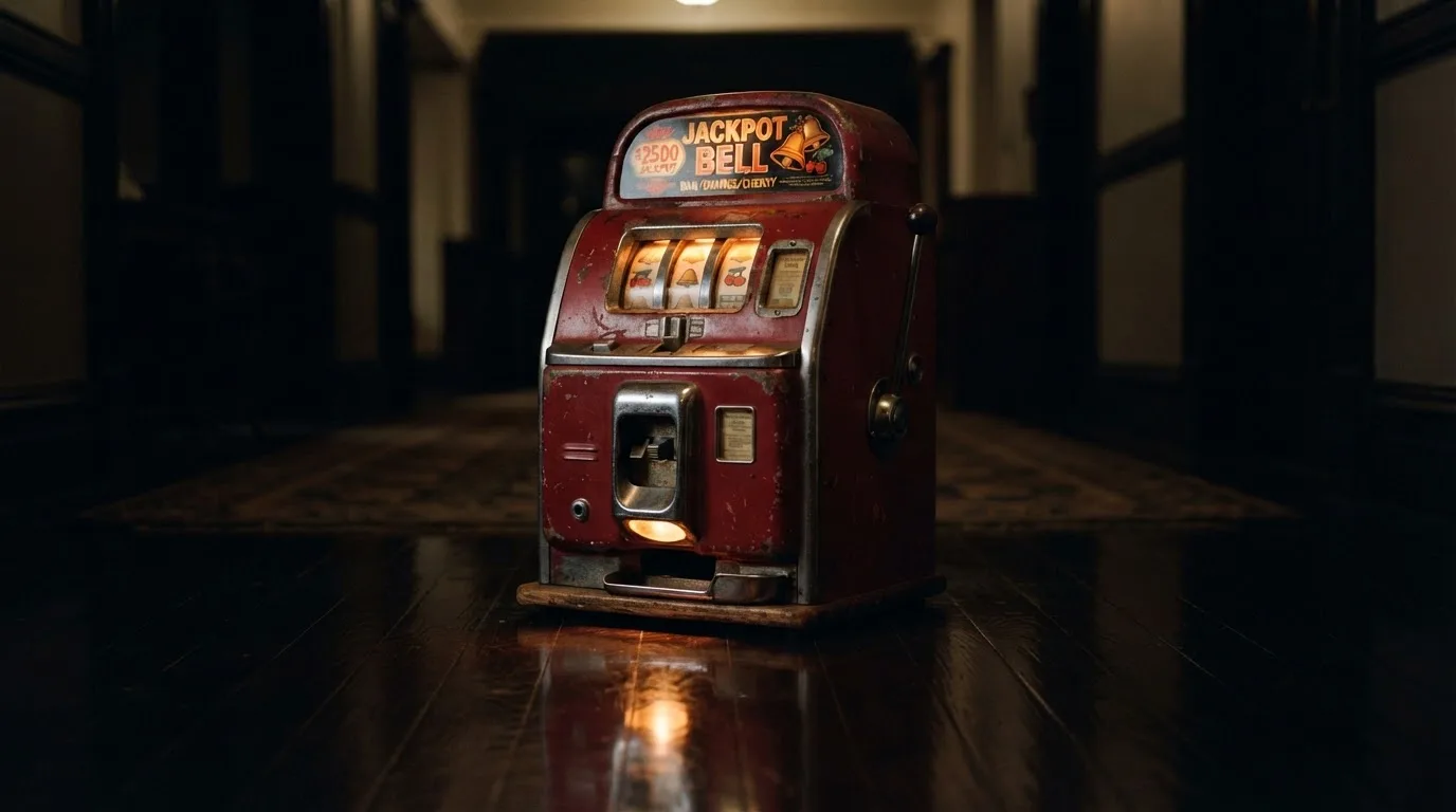 En gammal spelautomat lyser i den dunkla hallen och speglar sig i golvet — hur fungerar casino på nätet