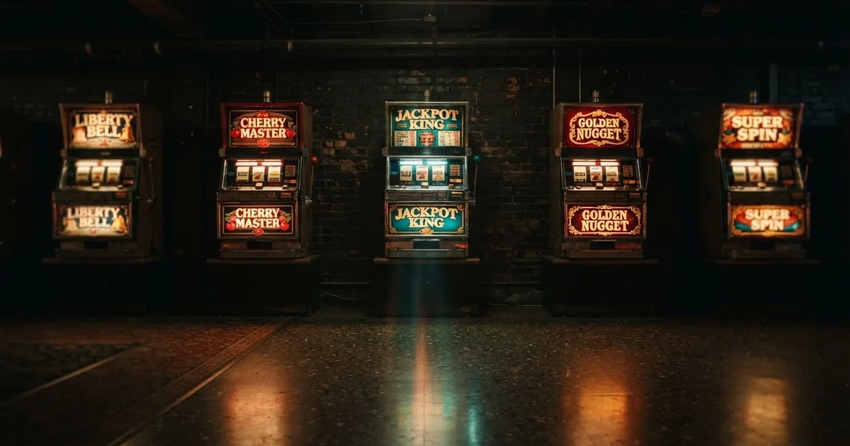 En rad spelskåp i en dunkel hall, rullarna lyser i olika färger och golvet speglar dem — hur fungerar casino på nätet