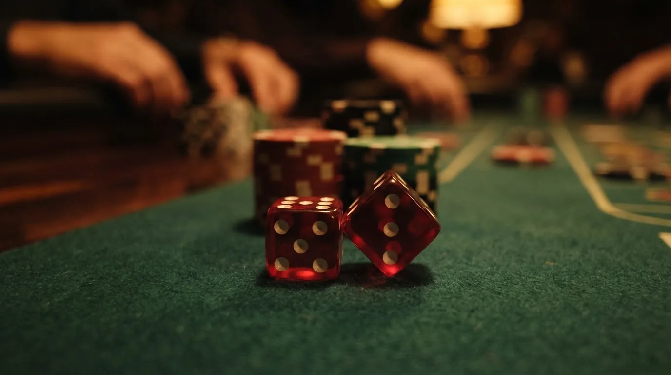 Röda tärningar vilar på grönt filt, bakom dem suddiga torn av spelmarker i kvällsdunklet — hur man vinner på casino