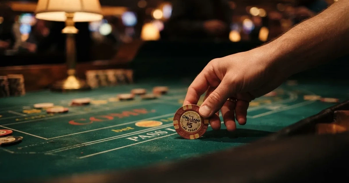 En hand skjuter en spelmark över filten, ljuset träffar fingrarna och markernas kanter glänser — hur man vinner på casino