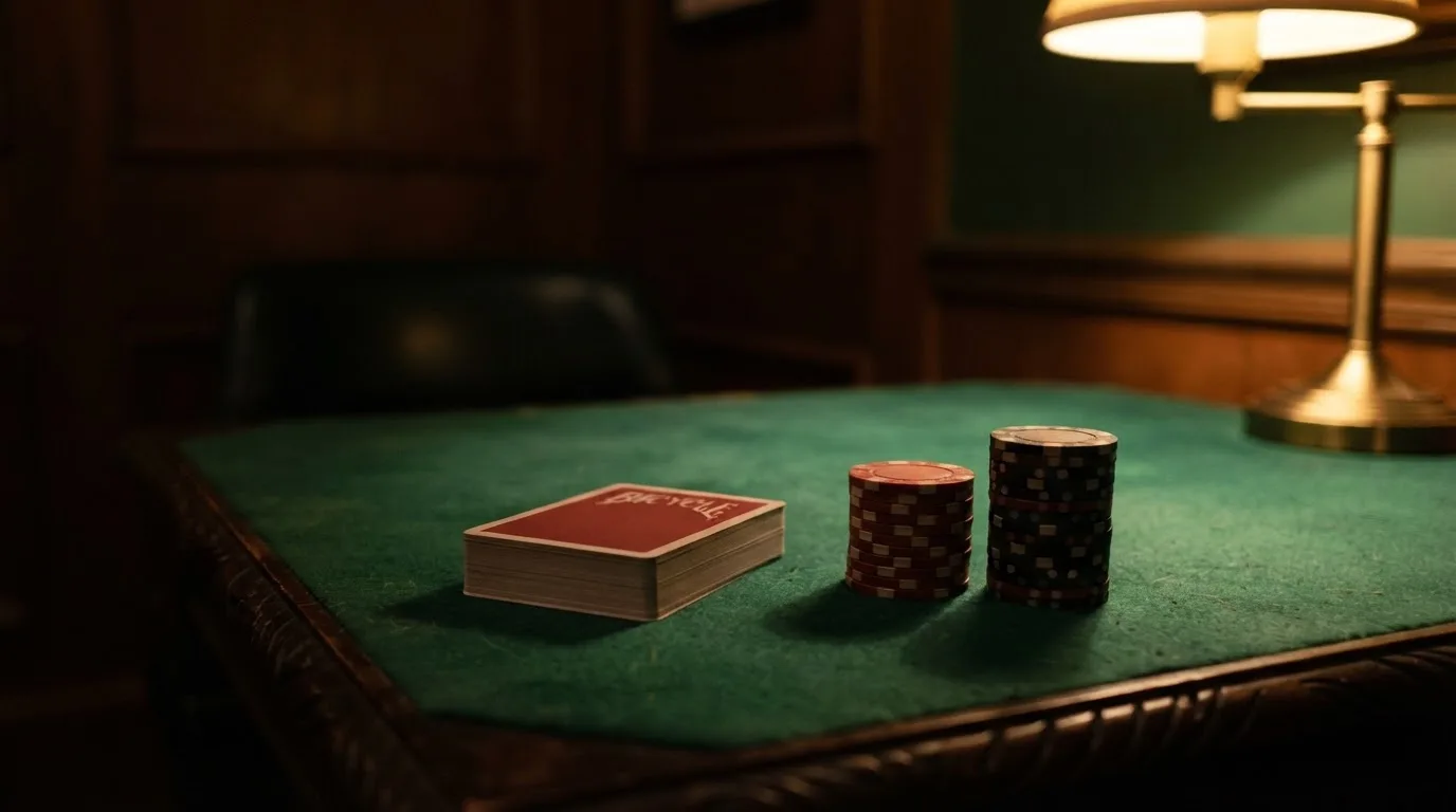 Kortlek och staplar av spelmarker på ett grönt filtbord i en dunkel salong, varmt lampsken — jämförelse av casinon i sverige