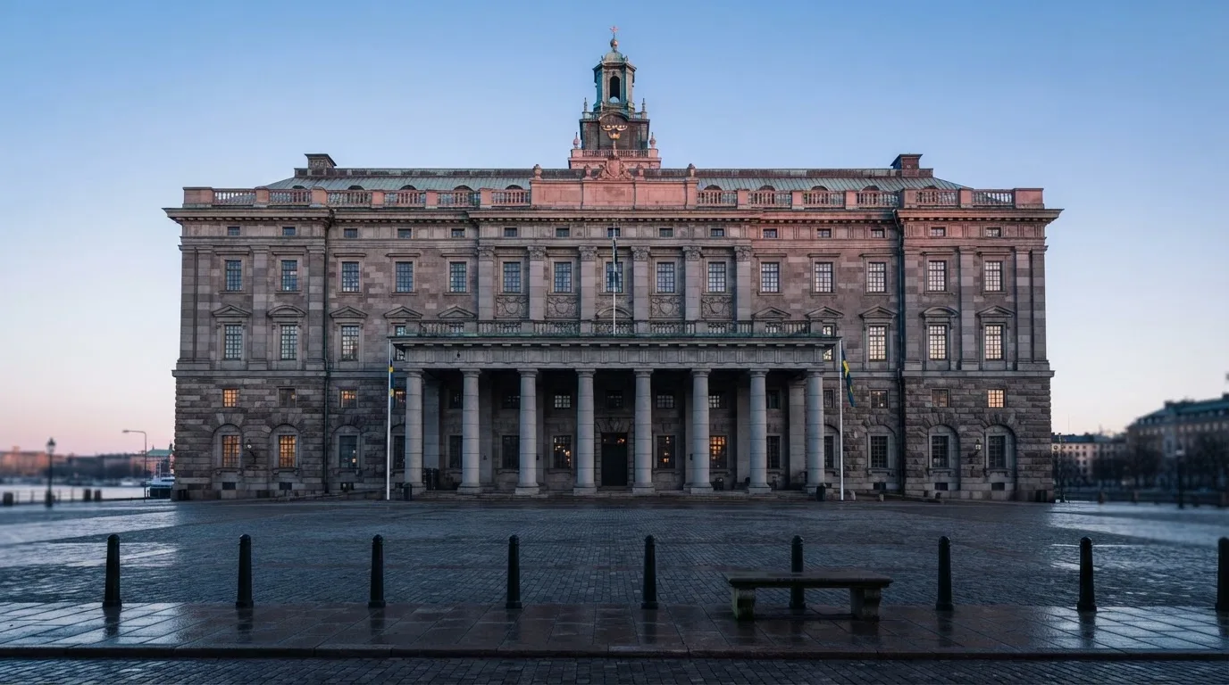 Stenfasad på en statlig byggnad i Stockholm vid gryning, höga pelare och ett tomt torg framför — jämförelse av casinon i sverige