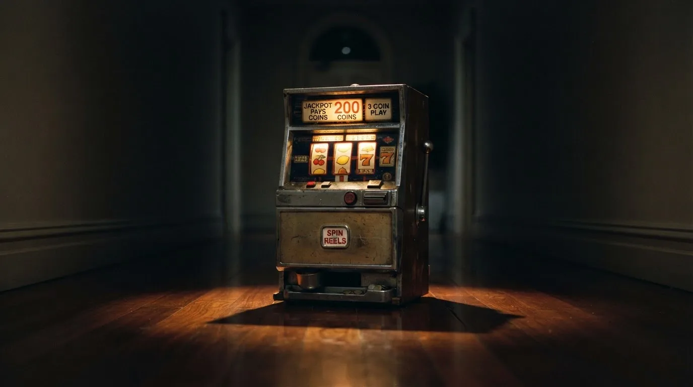 En gammal spelautomat lyser i den dunkla hallen och speglar sig i golvet — kampanjer på casinon i sverige