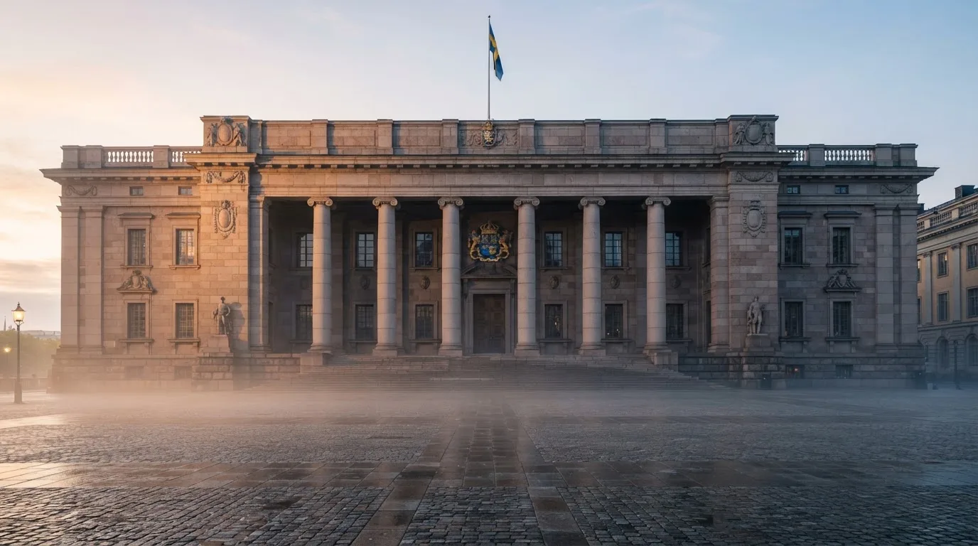 Stenfasad på en statlig byggnad i Stockholm vid gryning, höga pelare och ett tomt torg framför — kasinospel i sverige