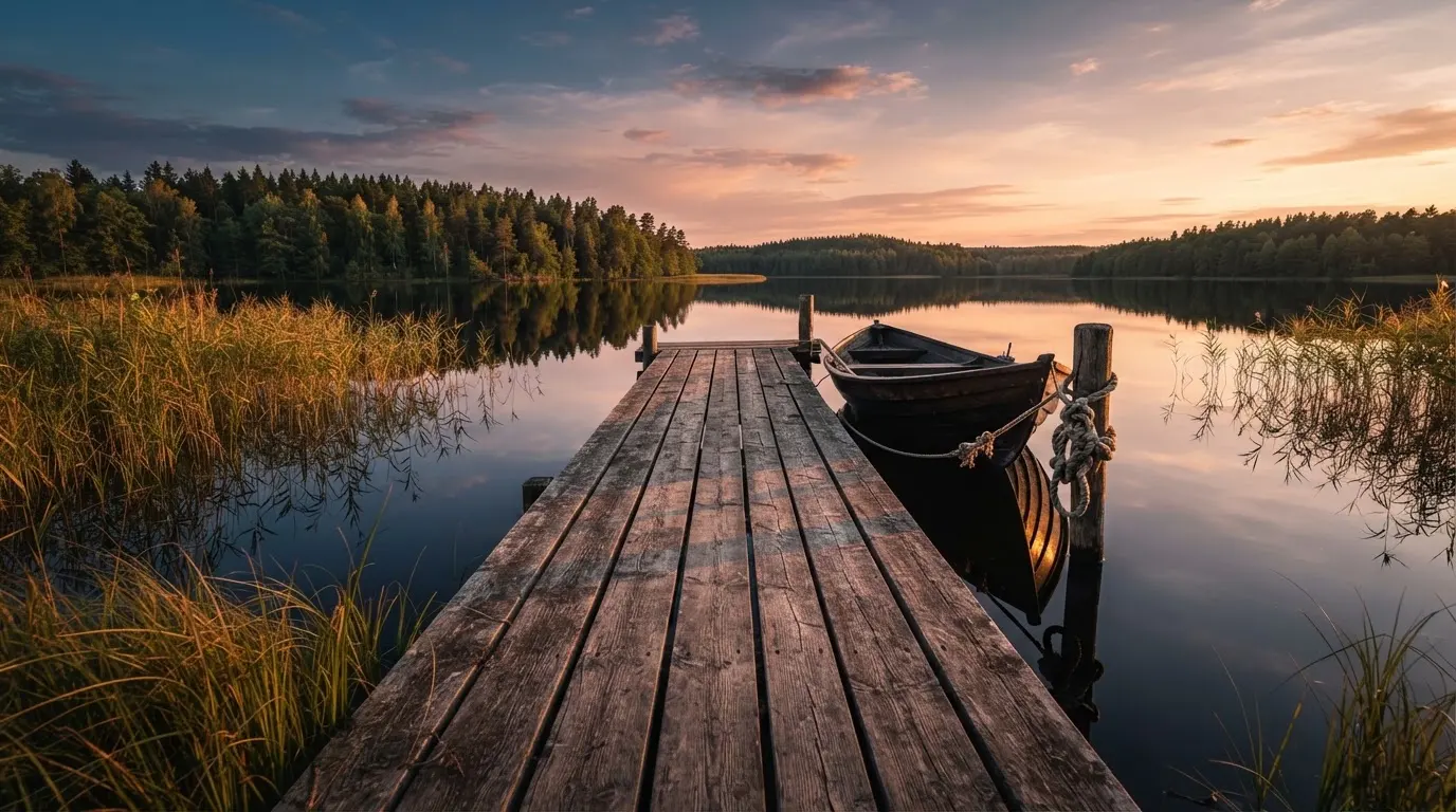 En brygga vid en stilla sjö i solnedgång, roddbåten förtöjd och molnen speglas i vattnet — kasinospel i sverige