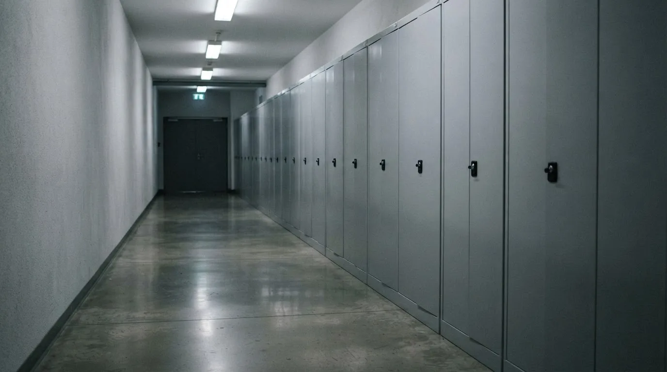 En rad låsta metallskåp i en grå korridor, lysrörets kalla ljus speglas i golvet — kortspel på ett kasino