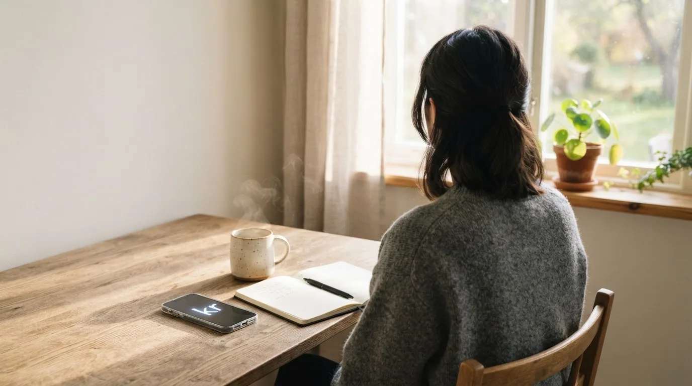 En person sitter vid ett skrivbord hemma med en kopp kaffe och tittar ut genom fönstret i mjukt morgonljus.