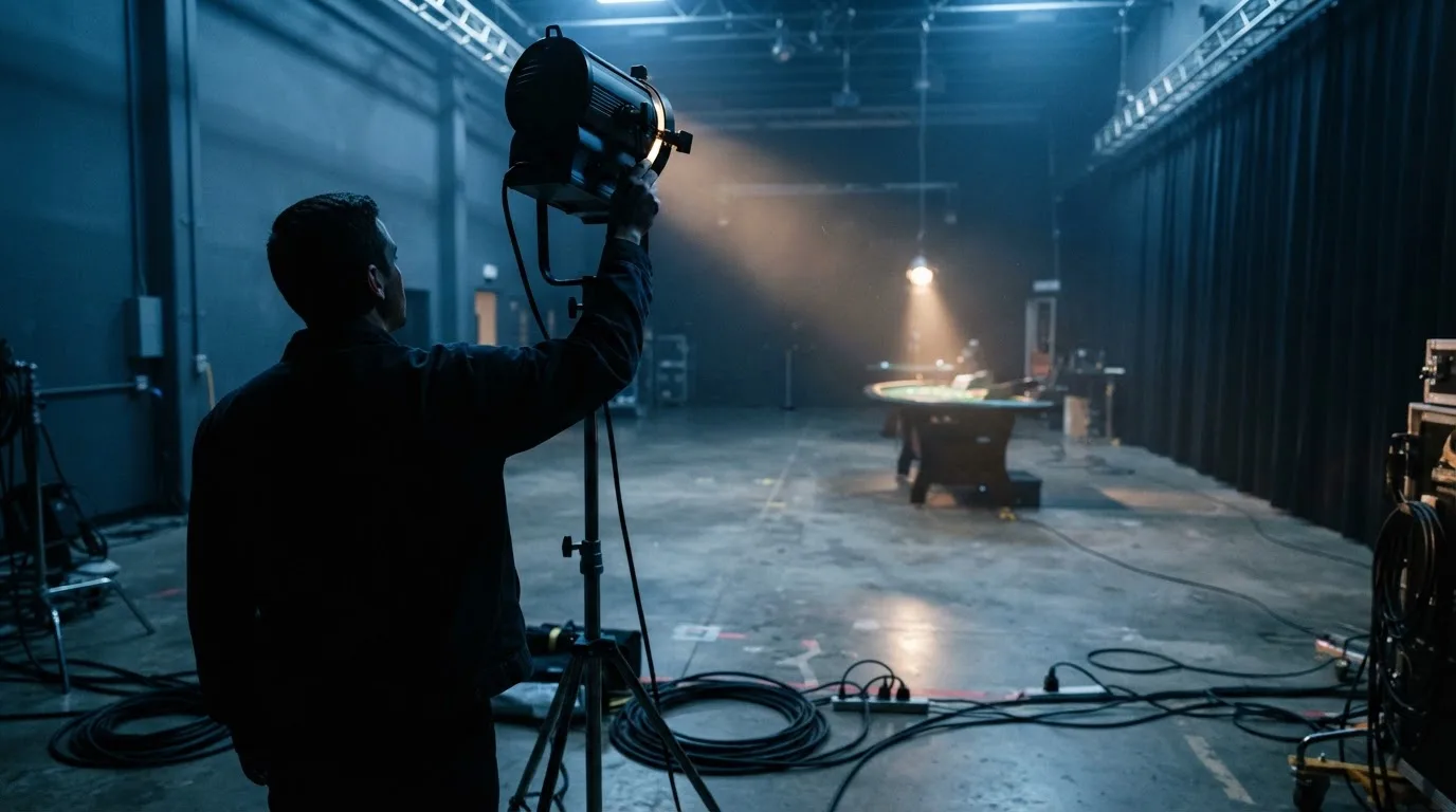 En tekniker justerar belysningsutrustning bakom scenen i ett tomt tv-studio-liknande rum med kablar synliga på golvet.