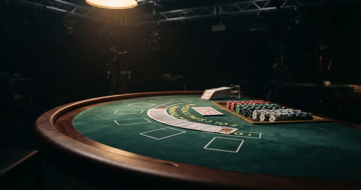 En studiomiljö med ett grönt spelbord, kortlekar och marker uppradade, fotograferad i halvskugga utan synliga personer i förgrunden.