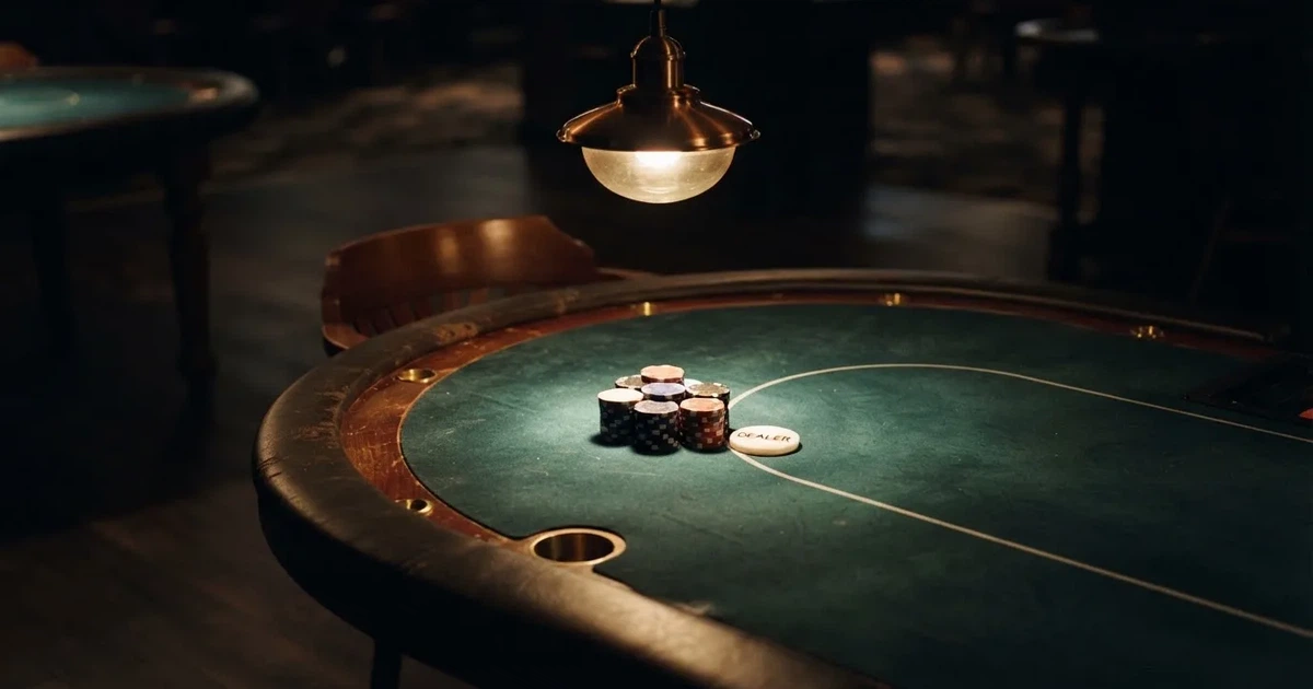 Ett ovalt pokerbord under en lågt hängande lampa, med spelmarker och en vit bricka i ljuset — live kasino i sverige