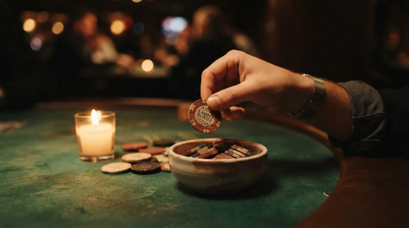 En hand lyfter en spelmark ur en skål, ljuslågan färgar bordet gyllenbrunt — live roulette i sverige