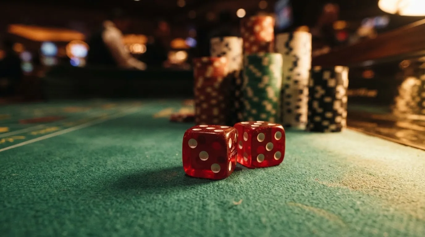 Röda tärningar vilar på grönt filt, bakom dem suddiga torn av spelmarker i kvällsdunklet — nytt casinon i sverige