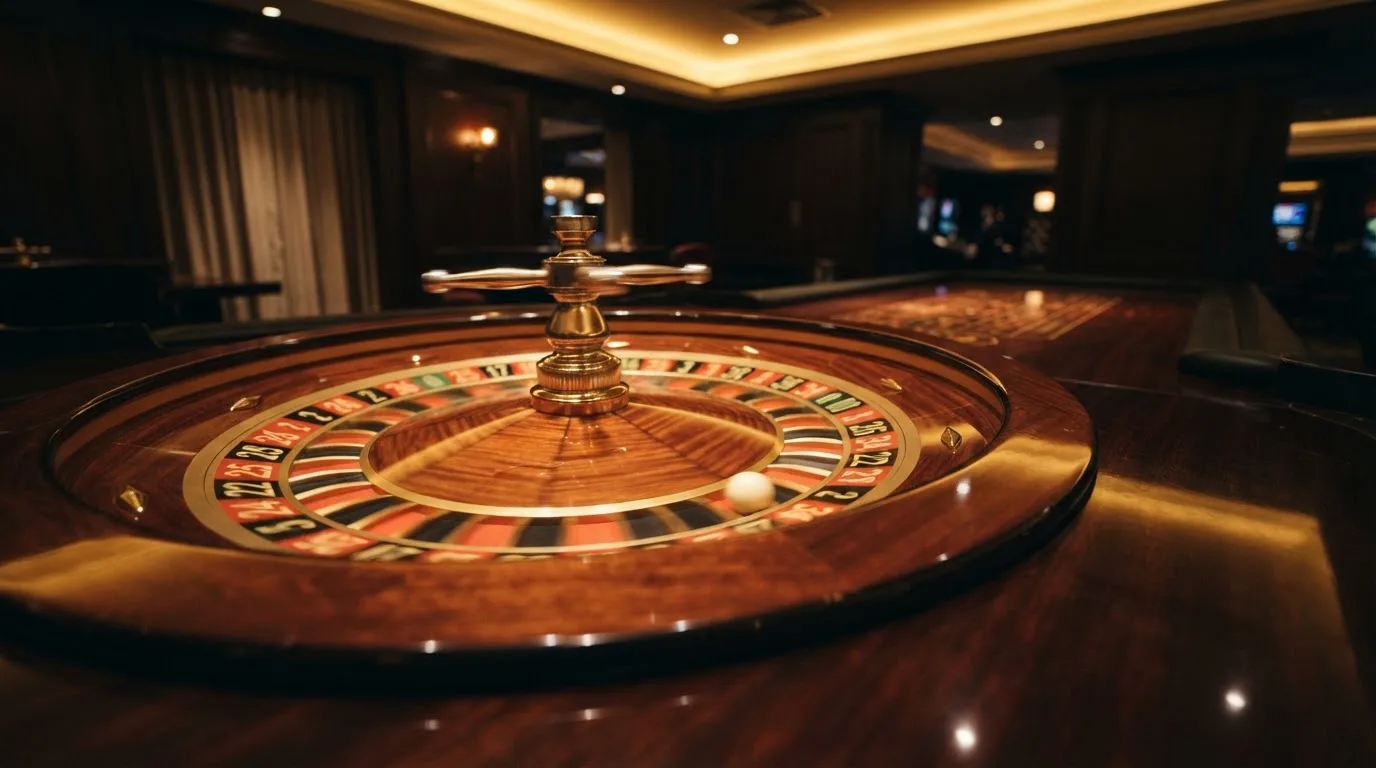 Ett roulettehjul snurrar på ett blankt träbord, den vita kulan glimmar i takljusets guld — online blackjack i sverige