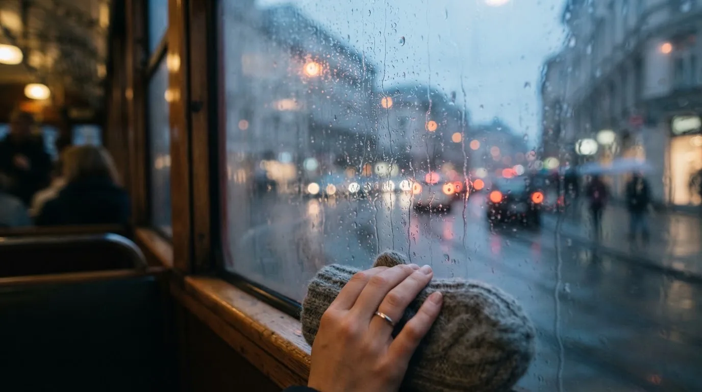 Regndroppar på en spårvagnsruta, bakom glaset en blånande gata, en mjuk yllevante i handen — online kasino i sverige