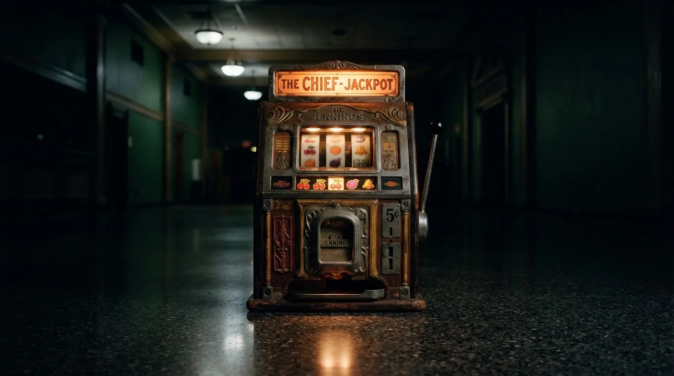En gammal spelautomat lyser i den dunkla hallen och speglar sig i golvet — populära casinon i sverige