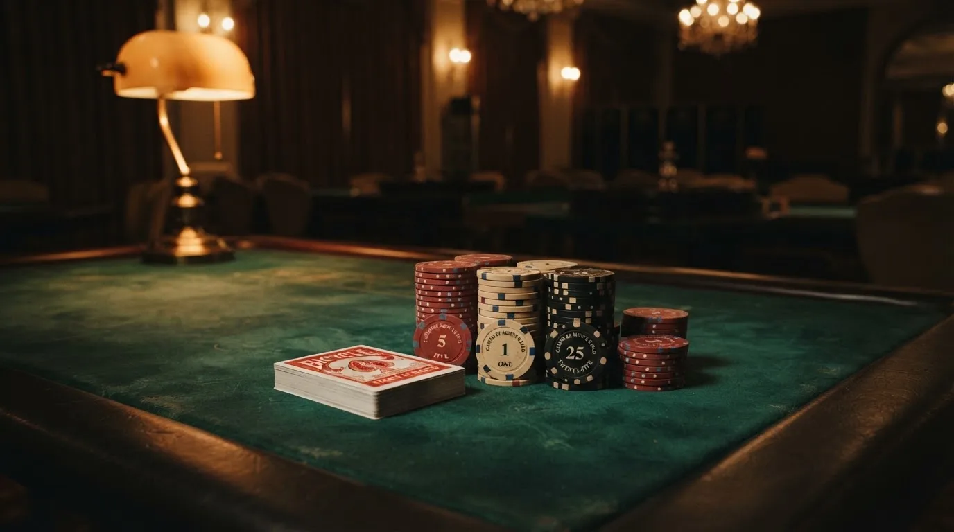 Kortlek och staplar av spelmarker på ett grönt filtbord i en dunkel salong, varmt lampsken — roulette gratis i sverige