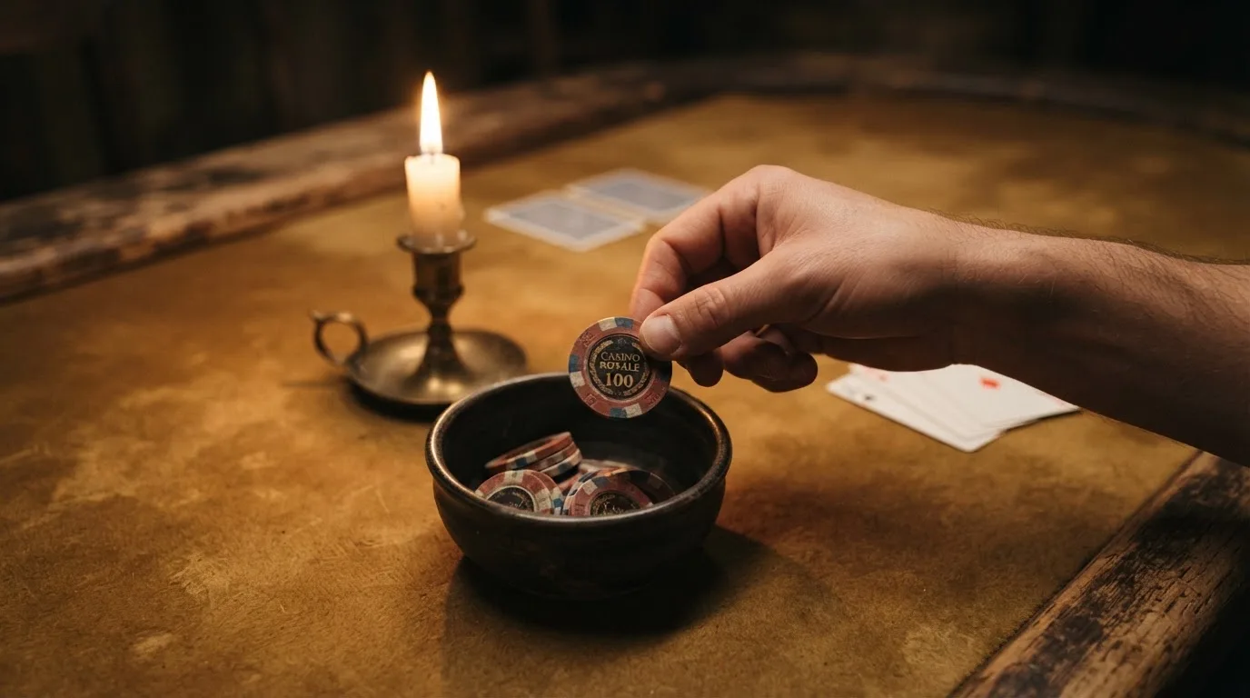 En hand lyfter en spelmark ur en skål, ljuslågan färgar bordet gyllenbrunt — roulette med bonus i sverige