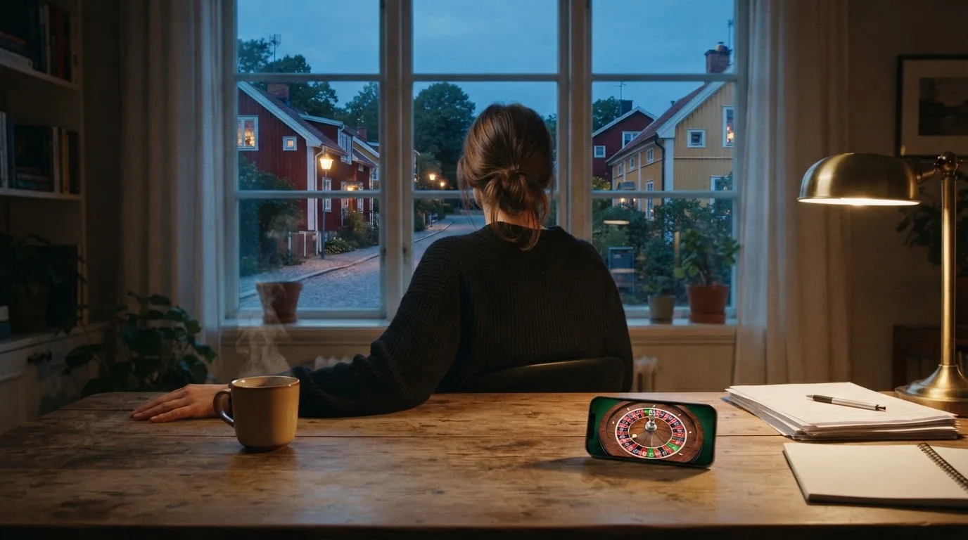 En person sitter vid ett skrivbord hemma med en kopp kaffe och tittar ut genom fönstret medan kvällsljuset faller in mjukt.
