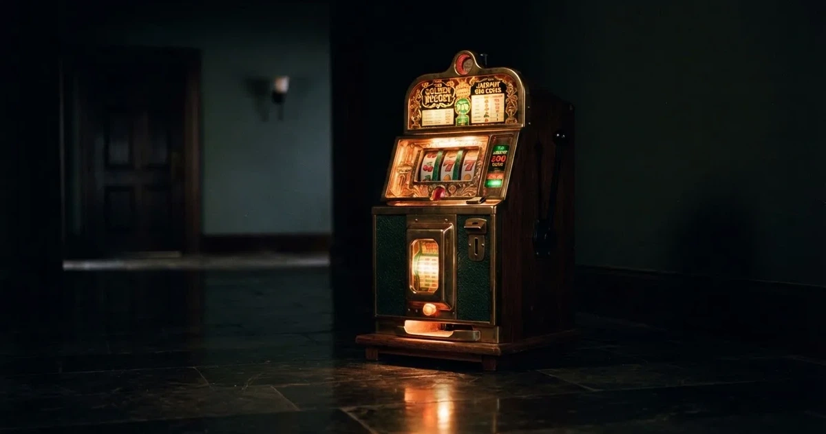 En gammal spelautomat lyser i den dunkla hallen och speglar sig i golvet — säkra casinon i sverige